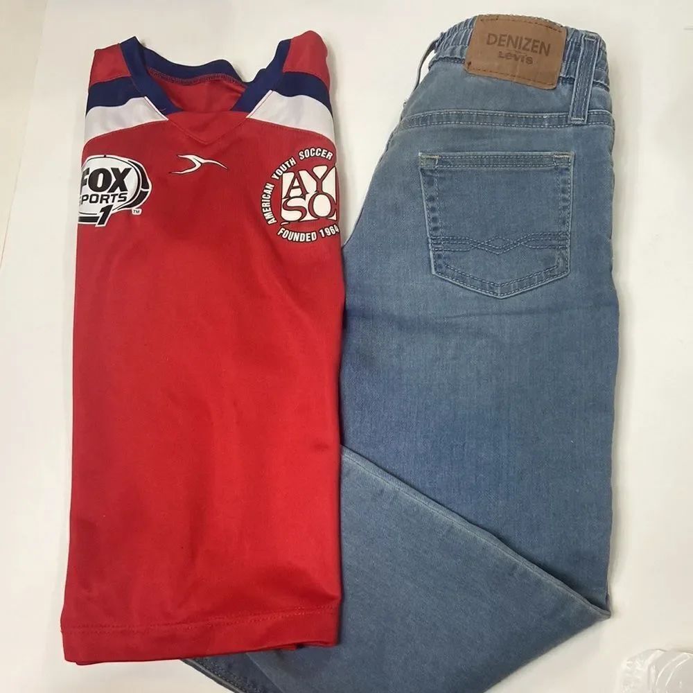 LOT JEANS DENIZEN SIZE 7 & AYSO FOX DPORT SOCCER JRSEY 2 PUCES SHIRT SIZE YXS